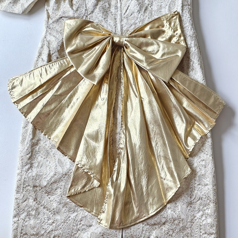 Vintage 80s Handmade Gold Brocade Cocktail Dress Puff Sleeve Statement Bow Back - Picture 13 of 16